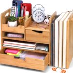 Bamboo Desk Organizer with Adjustable File Holder, Mail Organizer Countertop