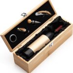 Wooden Wine Gift Box 4 Accessories, Bamboo, Natural Wood