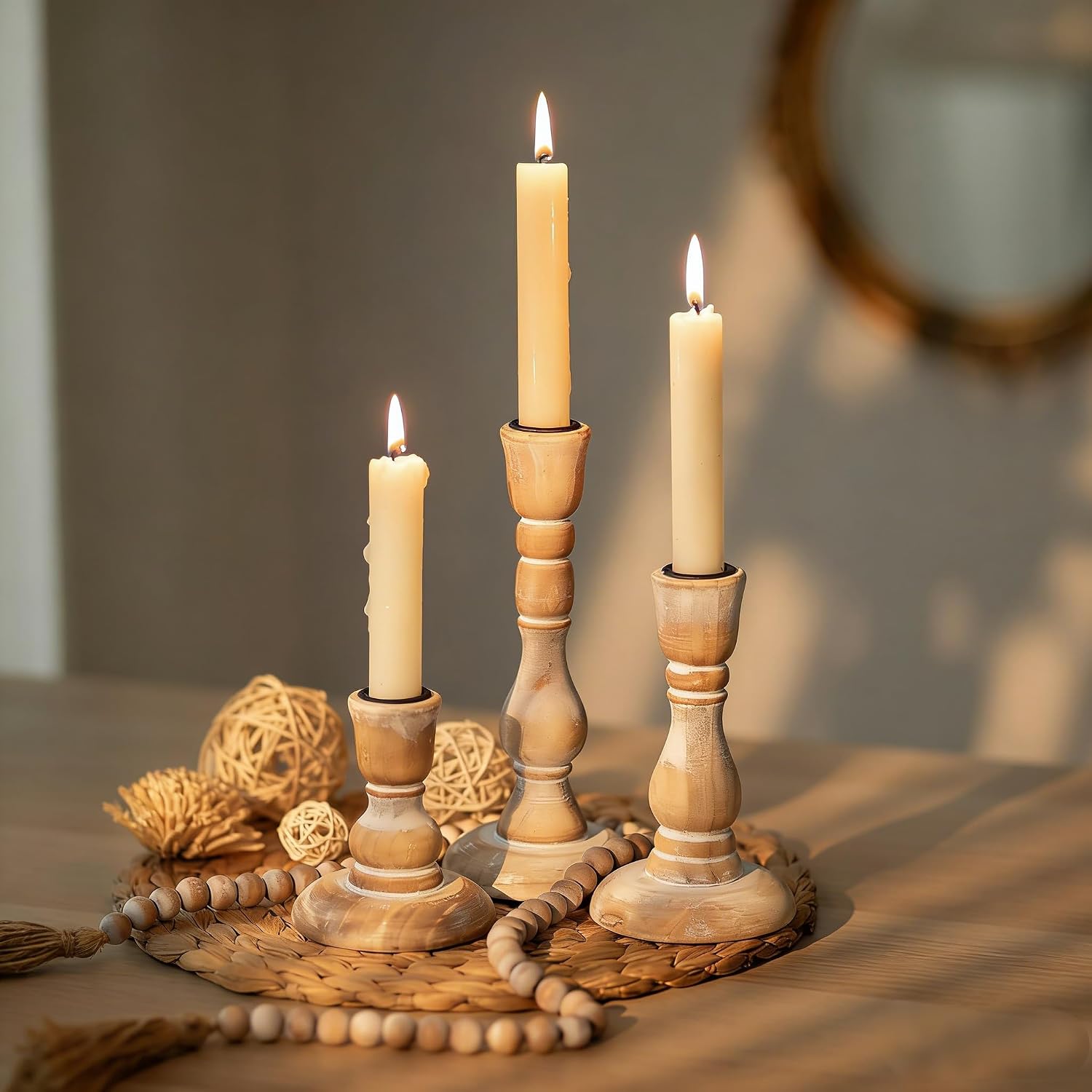 71clFoeYv9L._AC_SL1500_.jpg Rustic Wooden Candlestick Holders, Set of 3, Whitewashed - Image 1